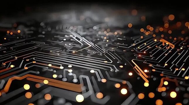 Abstract Glowing Orange Circuit Board Pathways Representing Data Transmission