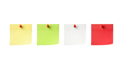 Sticky note reminder. Post it note paper. White, Yellow, Red and Green sheets for notes isolated on background.