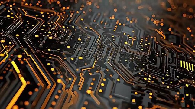 Intricate electronic circuit board with glowing orange data connections and components