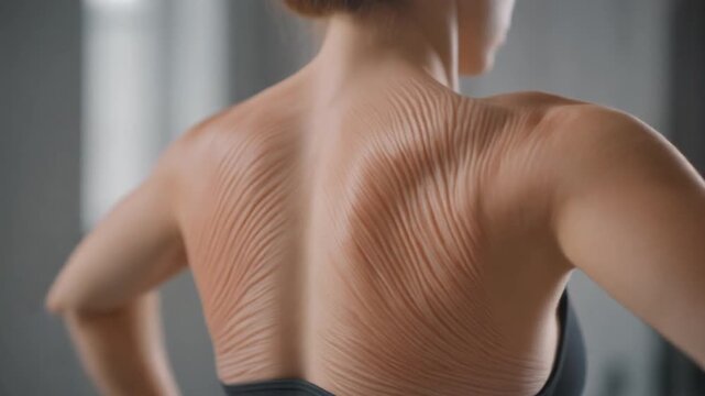 Woman's back muscles flexed in a dynamic pose, showcasing toned physique in a serene indoor setting captured from a rear viewpoint