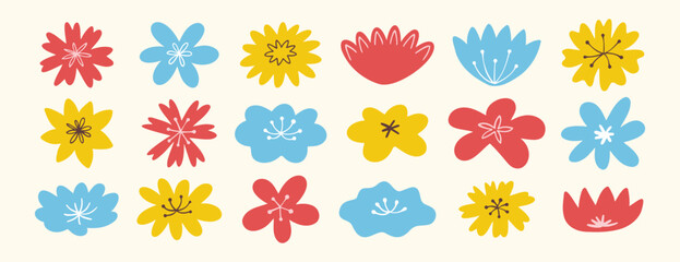 Obraz premium Naive hand drawn colorful flower elements in flat whimsical style for decoration and design