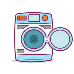 Flat front load washing machine vector illustration with open door. Modern household laundry appliance icon isolated on background. Perfect for home appliance design, laundry service, cleaning concept
