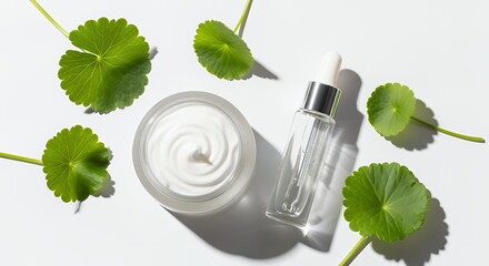 Centella Asiatica Skincare Cream and Serum with Green Leaves on White