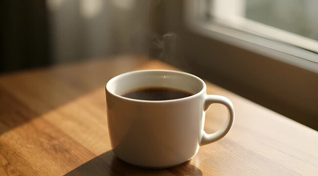A steaming cup of coffee on a wooden table beside a window with morning sunlight casting shadows in a cozy atmosphere