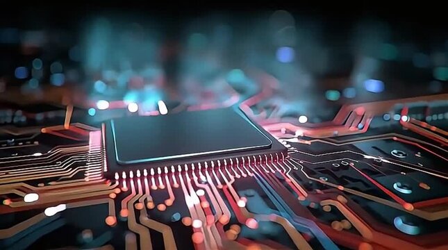 Central Processor Microchip on Circuit Board with Glowing Red Data Pathways