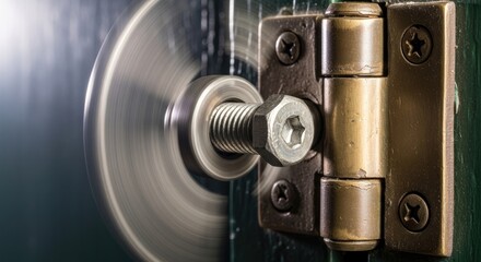 Close-up of a hinge with a bolt and a rotating disc.