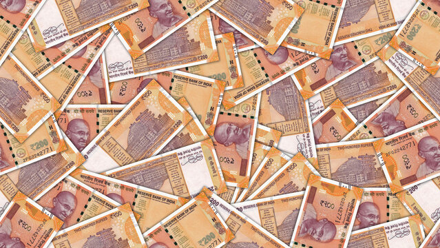 Seamless pattern. Financial illustration. Many scattered Indian 200 rupee banknotes. Obverse and reverse. Money of Republic of India. Two hundred rupees. Economic texture. Wallpaper or background
