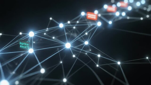 Network connections and data exchange visualized through glowing nodes and lines on a dark background from a distant viewpoint