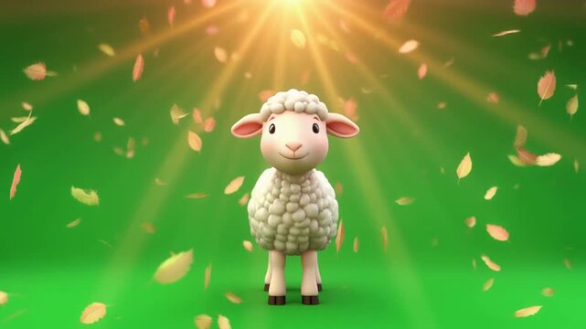 A cute, fluffy sheep with a warm glow and falling petals, perfect for spring and Easter celebrations