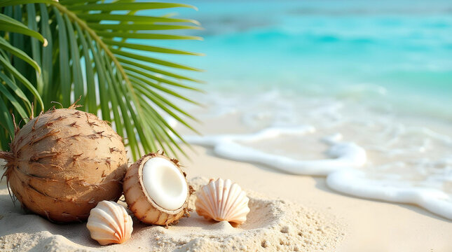 Tropical paradise awaits with a whole and halved coconut resting on soft white sand, accompanied by delicate seashells and a lush palm leaf against a blurred turquoise ocean backdrop