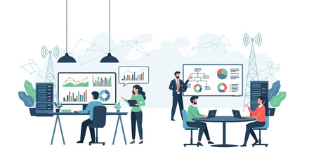 Business meeting and data analysis in modern office setting.