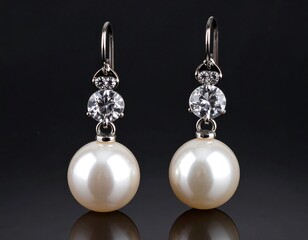 Elegant Pearl and Diamond Drop Earrings on Black Background.