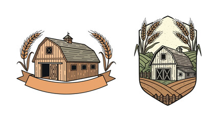 Vintage Farm Barn Logo Illustration, Wooden Granary with Wheat Ears and Blank Ribbon Banner, Rustic Agriculture Emblem for Organic Food Branding Isolated on White Background