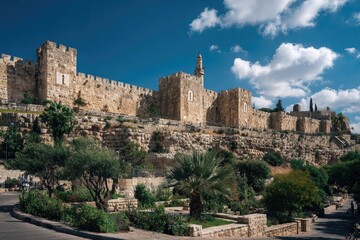 Naklejka premium Ancient city walls with a tower and greenery under a vibrant, cloud-strewn blue sky