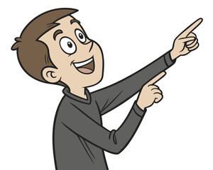 A cheerful young man with brown hair, wearing a grey long-sleeved shirt. He is looking upward with an excited expression and an open-mouthed smile, while pointing both hands toward the upper right.