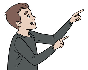 A person with short brown hair wearing a dark long-sleeved shirt. They&rsquo;re facing to the right, pointing upward with both hands, and their wide eyes and open mouth suggest surprise or excitement.