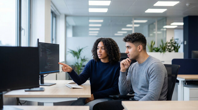 Two diverse colleagues collaborate on computer code in a modern office setting