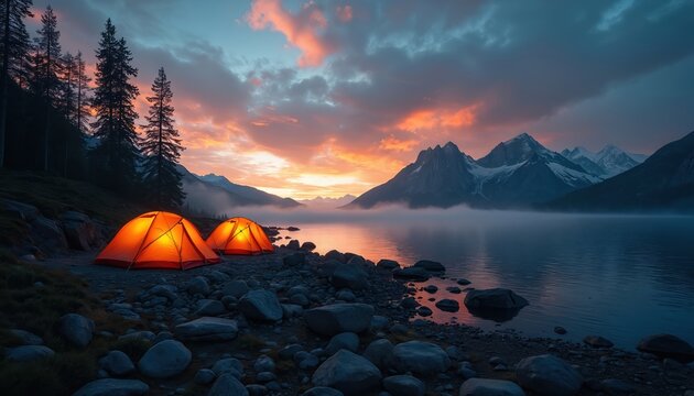 Two bright orange tents glow near calm lake at sunrise. Majestic snowy mountains rise behind misty water. Pine trees stand on rocky shore. Peaceful camping scene.