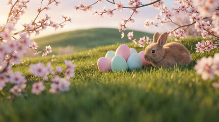 Cute Easter bunny with pastel eggs nestled among blooming cherry blossoms in a grassy field