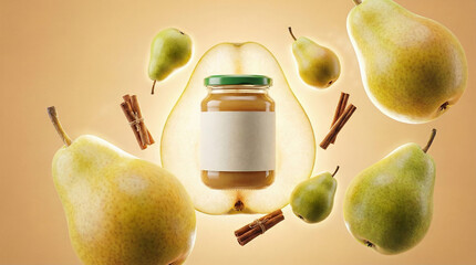 Jar of pear puree with cinnamon sticks and fresh pears floating around