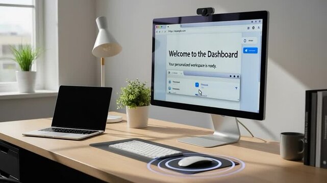 Modern home office workspace with laptop and monitor