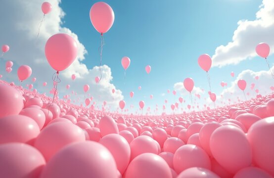 Vast field of pink balloons stretches to horizon under blue sky with fluffy clouds. Some balloons float upwards. Joyful celebration atmosphere, festive decoration elements.