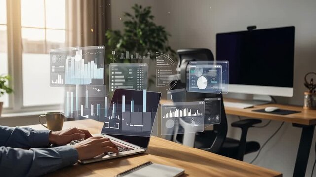 Man uses laptop for financial analysis dynamic visuals for business intelligence dashboard