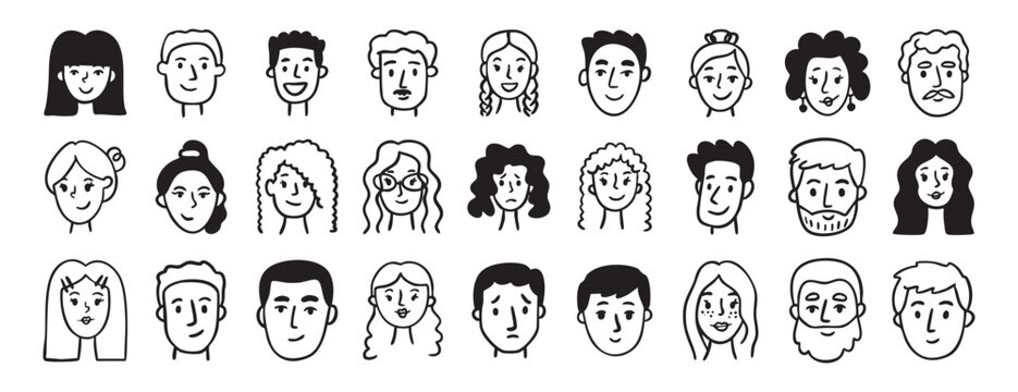 Characters faces avatars set collection doodle hand drawn icon. Outline drawing people head line clipart symbol.