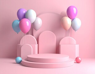 Elegant Pink Podium with Balloons for Product Presentation.