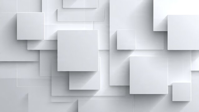 A clean and modern abstract background composed of numerous white overlapping squares and rectangles creating a subtle sense of depth and shadow.