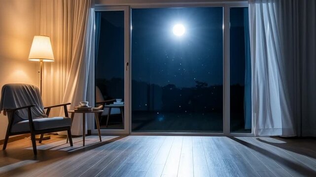 Cozy room with chair by moonlit window at night