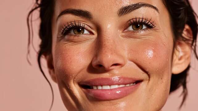 Refreshing water splashes across a woman's face as she smiles, highlighting her skincare routine. The serene atmosphere enhances her radiant, hydrated glow and relaxation.
