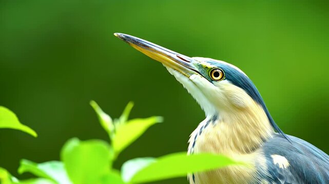 Striking bird profile with yellow eye against vibrant green