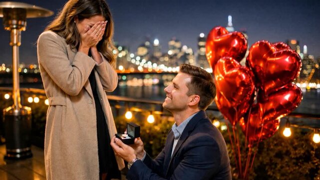 Romantic marriage proposal rooftop night. Man kneeling with ring proposing to surprised woman. 
