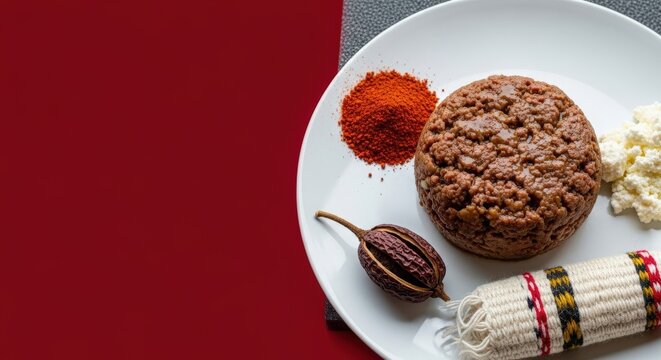 Ethiopian Kitfo Minced Beef with Deep Red Left Copy Space, Ayib, and Mitmita Spice