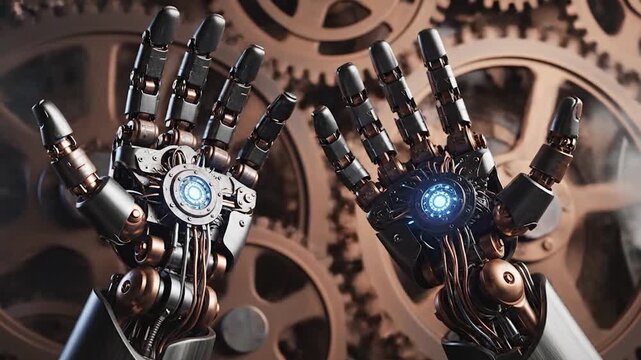Intricate robotic hands with glowing blue energy centers interact with gears.