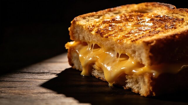 Grilled Cheese Sandwich with Oozing Melted Cheese, Crispy Golden Bread on Dark Wooden Table, Moody Food Photography with Dramatic Lighting and Shadows