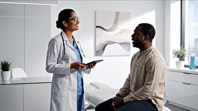 Professional female doctor holding tablet and gesturing while consulting with male patient in a bright medical office