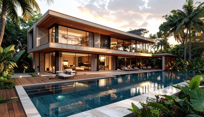Fototapeta premium A stunning modern tropical villa with expansive glass walls overlooks a shimmering infinity pool, reflecting warm sunset hues. Lush palms, sleek wood decks, open terraces create a serene luxury escape