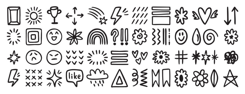 Random hand drawn doodle icons set with smiley faces, stars, flowers, arrows and symbols
