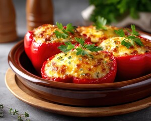 Red bell peppers stuffed with savory mixture, baked with golden melted cheese and garnished with fresh herbs, a delicious homemade meal