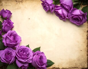 Elegant Purple Roses on Vintage Paper - A Romantic Floral Arrangement.