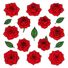 Elegant Red Roses and Green Leaves Pattern on White Background.