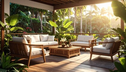 Fototapeta premium Luxury outdoor patio lounge with wooden sofa seating, lush tropical plants, and warm sunlight streaming through modern glass walls, creating a serene resort-style living space