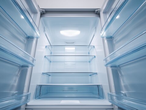 An open refrigerator reveals an empty interior with clean shelves and a bright light