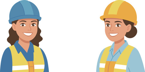 Smiling female construction engineers wearing safety helmets and reflective vests, professional worker avatar illustration isolated on white background © Mst Nurnehar Begum
