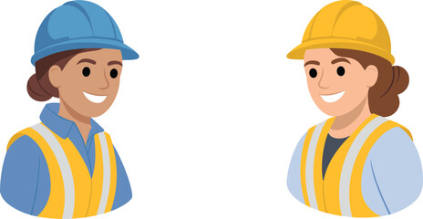 Smiling female construction workers wearing safety helmets and reflective vests, engineering team avatar illustration isolated on white background © Mst Nurnehar Begum
