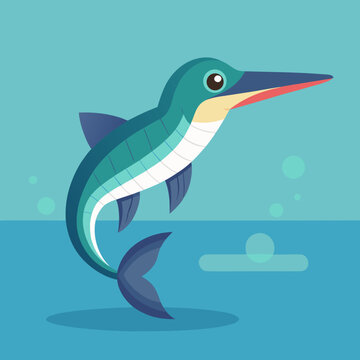 Cartoon Halfbeak Fish Leaping From Blue Water