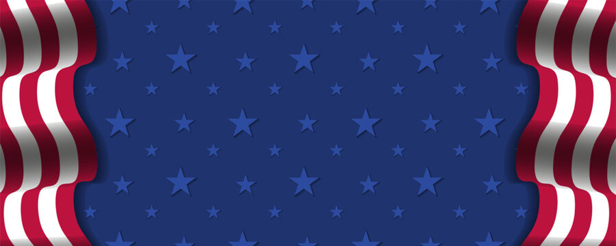 United state flag waving in blue background with stars. American patriotic background. USA traditional backdrop. Great for web banners, cards, posters, social media