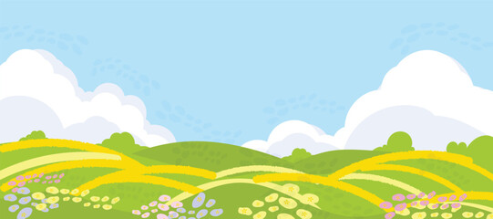 Obraz premium Spring and Summer landscape background vector set. Nature wallpaper of flower field with blue sky illustration for cover, wall art, decoration.